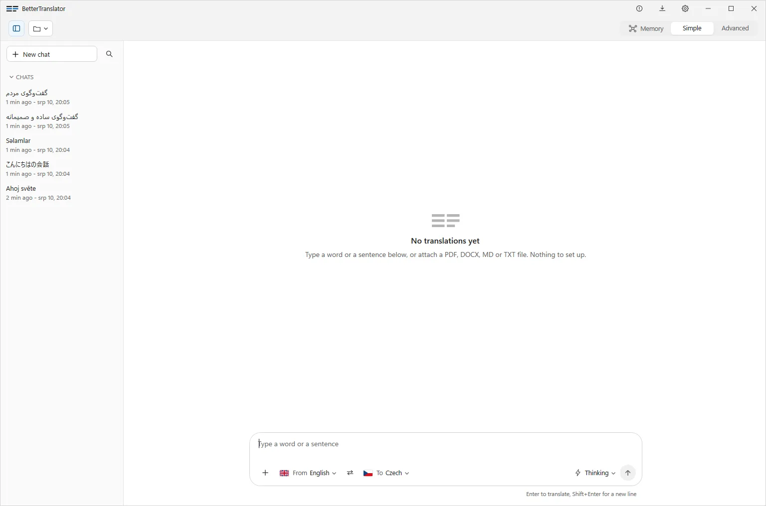 The BetterTranslator window with no translations yet. A sidebar of recent chats, an empty message area, and the composer with From English and To Czech.
